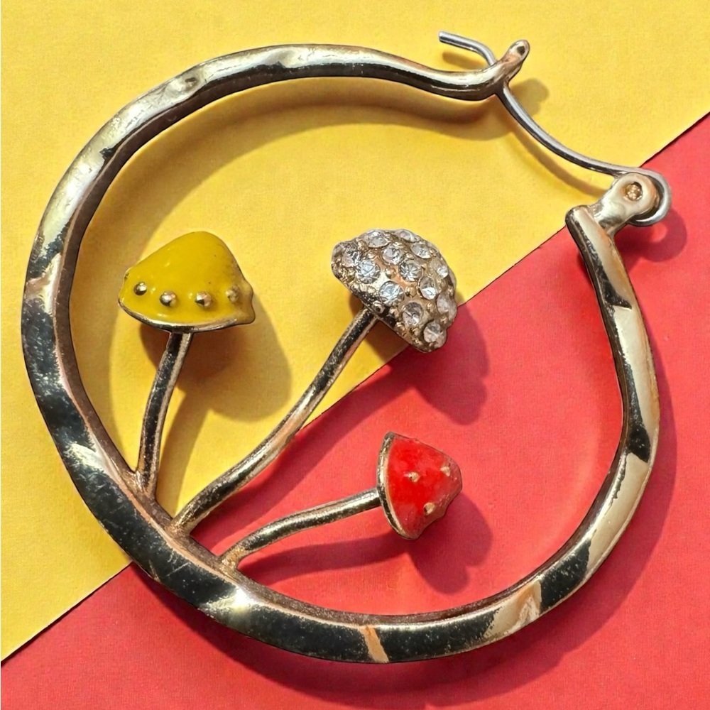 Anthropologie Gold Hoop Mushroom Earrings with Yellow & Red Enamel, NWOT - Picture 5 of 7